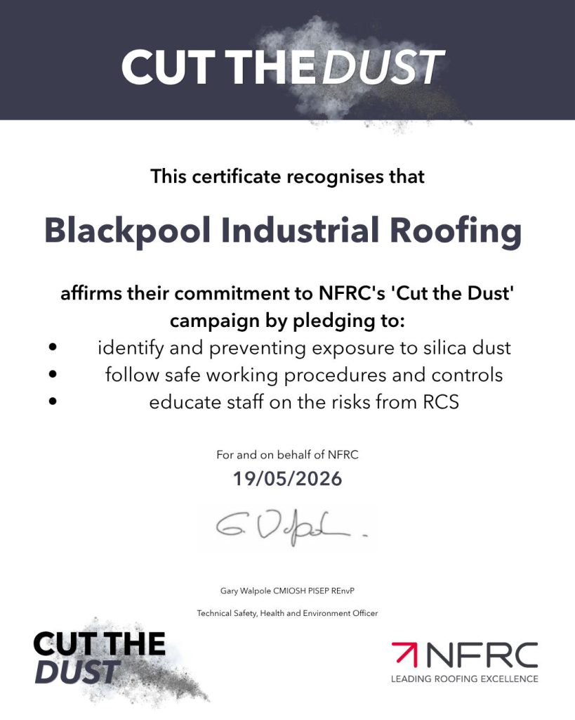 NFRC Cut the Dust campaign certificate awarded to Blackpool Industrial Roofing